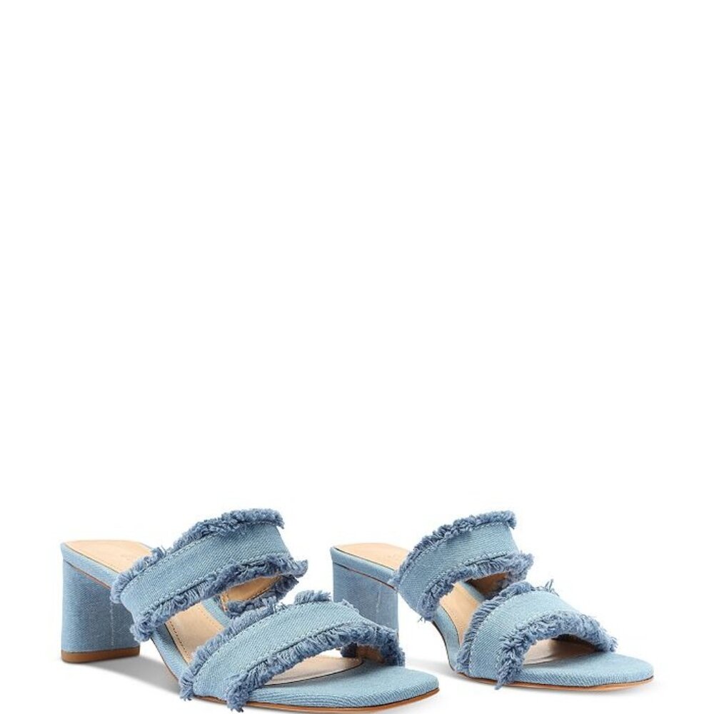 Amely Mid Block Denim Sandal with Frayed Straps | - Picture 1 of 12